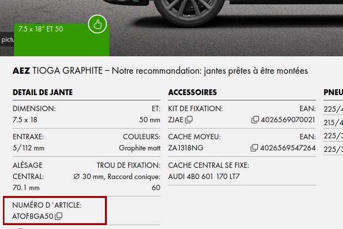 Exemple d'une référence de jante à indiquer